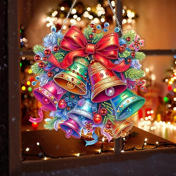 JJFox DIY Acrylic Diamond Art Painting Wreath Kits Special Shaped Rhinestone Diamond Art Window Pendants Home Garden Wall Hanging Kits Hanging Ornament (Christmas Bell)