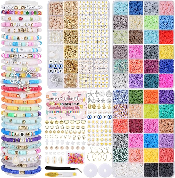 Mio Angle Friendship Bracelet Making Kit 3 Box 48 Colors Clay Beads Heishi Beads Jewelry Making Kit Letter Beads Charms Pearl Cute Chams Holiday Gifts for Girls Adults