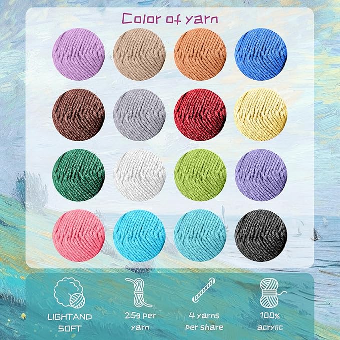 yarniss crochet kits for beginners,1120 yards yarn kits 16 colors,crochet set with 14 size ergonomic crochet hooks 2.0mm~10.0mm,crochet bag organizer,slate blue