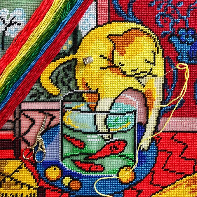 Brvsk Artistic Embroidery Kit for Adults and Beginners — Cat with Fish 16″ × 16″ with Clear, Precise Printed Design on Cotton Canvas; Includes 2 Needles, Yarn, and Easy-Read Chart