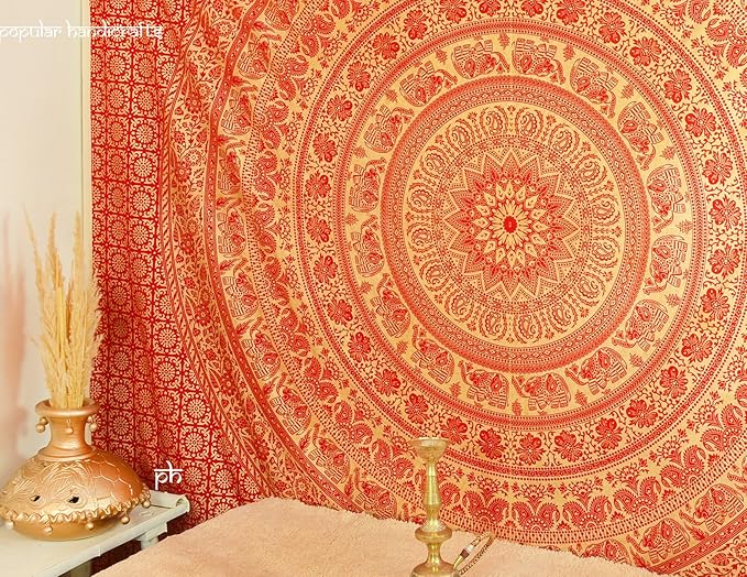 popular handicrafts new releases wall hanging for bedroom hippie mandala bohemian design indian magical thinking tapestries dorm decor metallic shine tapestries (215x230cms) gold on red dye