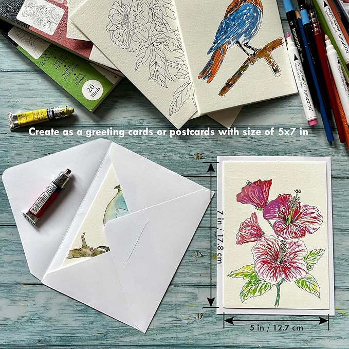 tumuarta Watercolor Coloring Book, 20 Unique Designs, 5x7”, 100% Cotton, 300GSM, 140 LB, Cold Press, Acid Free Watercolor Paper, Glue Bound Mixed Media Sketch Book Birds