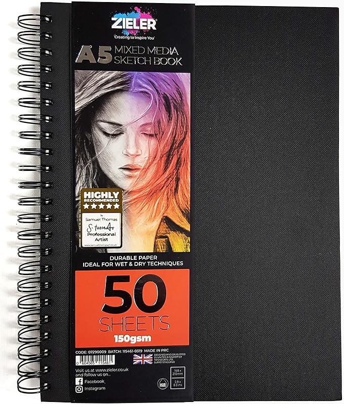 Hardback Spiral Mixed Media Sketch Book – 150gsm 50 Sheets - by Zieler™. Ideal for use with Pencils, Charcoal, Graphite, Pastels & Light Watercolour. Perforated & Acid Free Sheets - Portrait (A5)