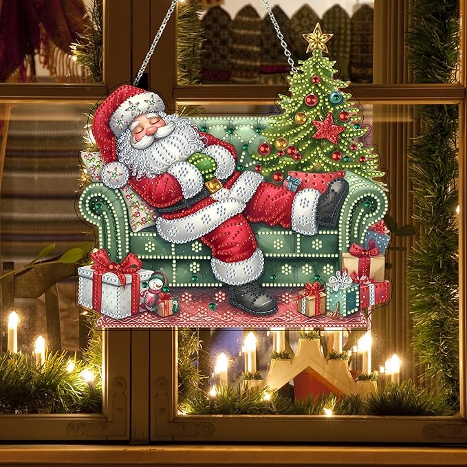 DIY Acrylic Diamond Art Painting Wreath Kits Special Shaped Rhinestone 5D Diamond Art Window Pendants Home Garden Wall Hanging Kits Hanging Ornament (Sleepy Santa Claus)