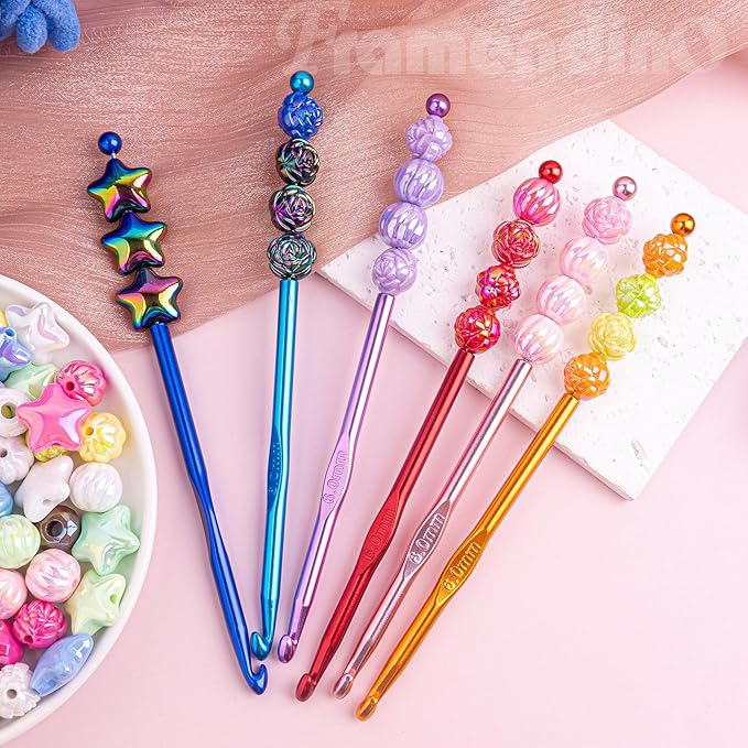 Framendino, 6 Pack Beadable Crochet Hooks 6 mm Aluminum Knitting Needles Set for Crocheting Yarn 6 Colors
