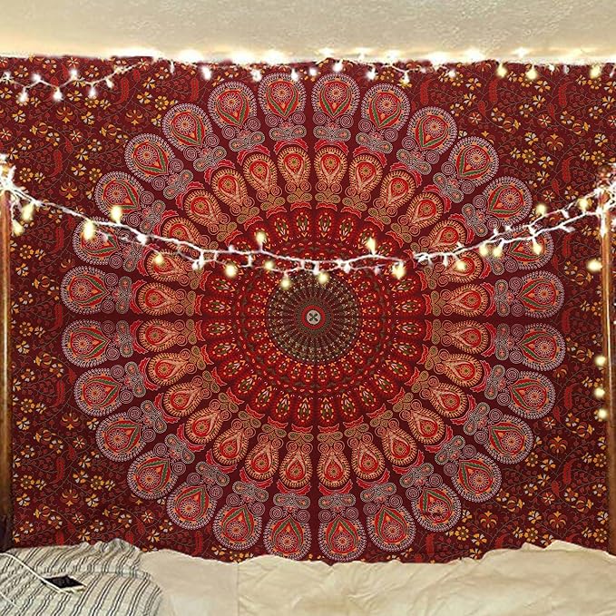 bless international handmade indian hippie bohemian psychedelic peacock mandala wall hanging college dorm beach throws table cloth bedding tapestry (maroon yellow, medium(54x60inches)(137x152cms))