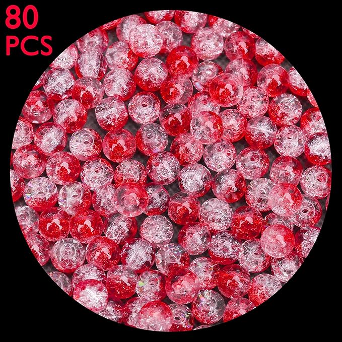 80PCs 10mm Red Crackle Glass Beads Bulk, Round Smooth Hole Glass Crystal Beads for Jewelry Making, DIY Bracelets, Necklaces, Bag Charms, Keychains and Craft Projects
