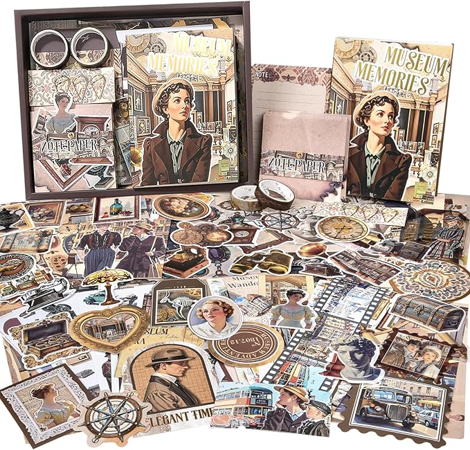 scrapbook supplies kit, vintage junk journaling supplies, scrapbooking kit with aesthetic stuff, stationary set, diy journal accessories, ephemera collage craft supplies gift for adults women beginner