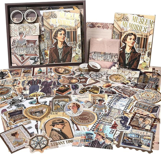scrapbook supplies kit, vintage junk journaling supplies, scrapbooking kit with aesthetic stuff, stationary set, diy journal accessories, ephemera collage craft supplies gift for adults women beginner