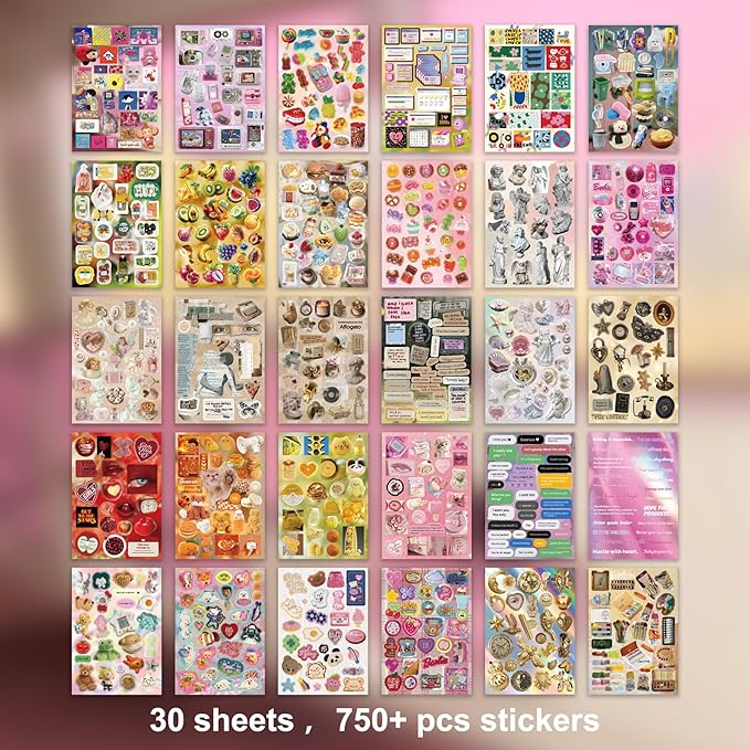 Vintage Scrapbook Sticker Book - 30 Sheets Glossy, Matte, Textured Retro Ephemera for Junk Journal & Planner Supplies, Aesthetic Craft Embellishments