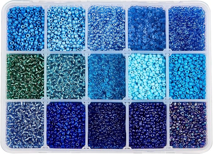 NBEADS 15 Colors 12/0 Glass Seed Beads, About 20010 Pcs Opaque Blue Seed Beads 2mm Round Pony Beads Mini Spacer Loose Beads for DIY Craft Bracelet Necklace Jewelry Making