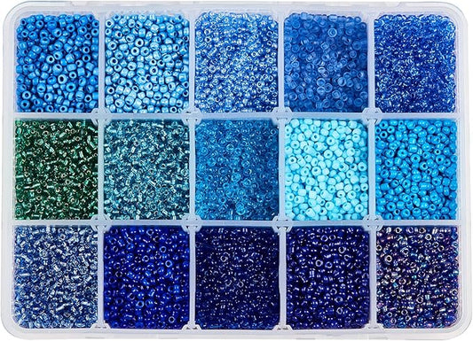 NBEADS 15 Colors 12/0 Glass Seed Beads, About 20010 Pcs Opaque Blue Seed Beads 2mm Round Pony Beads Mini Spacer Loose Beads for DIY Craft Bracelet Necklace Jewelry Making