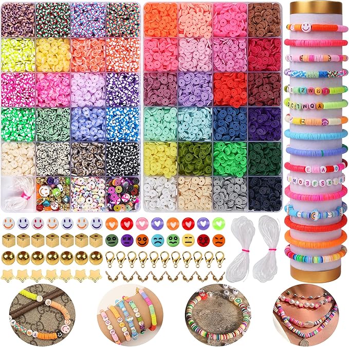 XSEINO 9360PCS Clay Beads Bracelet Making Kit,46Colors Flat Friendship Polymer Heishi Beads for Jewelry Making with Rich Jewelry Making Accessories for Crafts Christmas Gifts