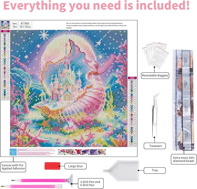 GEEHEIY Castle Diamond Art Kits for Adults, 5D Sea Shells Diamond Painting Kits for Beginner, DIY Full Drill Round Gem Art for Home Wall Decor 14 x14 Inch
