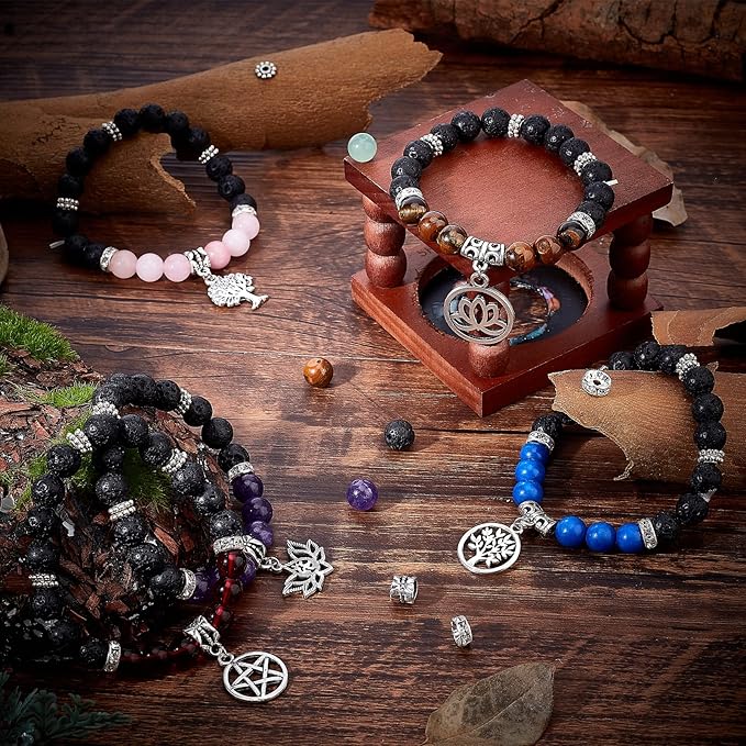 SUNNYCLUE 1 Box DIY 6 Pcs Yoga Charms Tree of Life Charms Bracelets Making Kit Hamsa Charm Lotus Flower Charms for Jewelry Making Beading Bracelet Kit Adults Tiger Eye Round Beads Lava Rock Bead Set