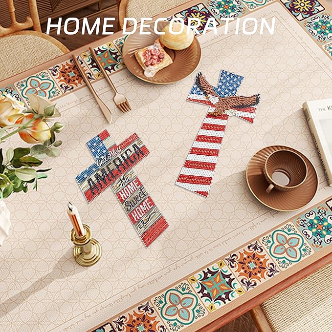 2 Pack Cross Diamond Painting Kits 5D DIY Diamond Painting Cross Special Shaped Diamond Art Kit Patriotic Flag Hanging Wall Home Decor with Tools for Adults