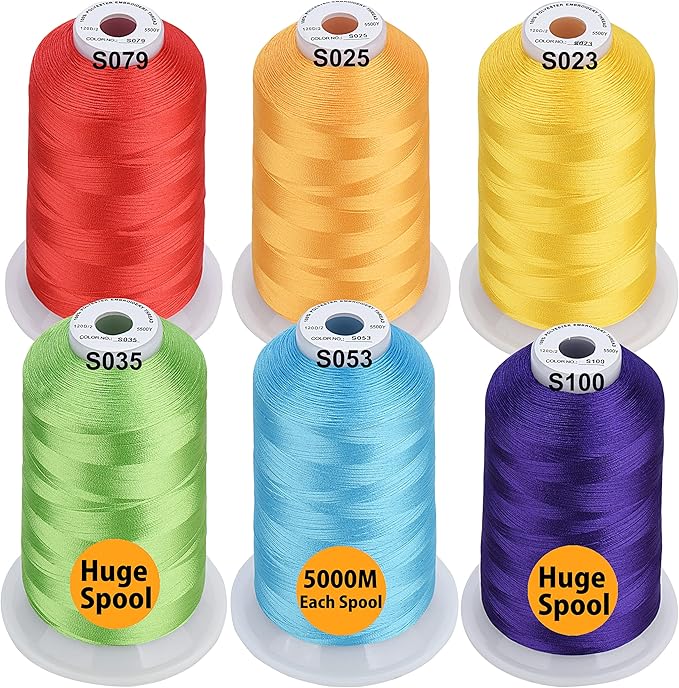 Simthread - 33 Selections - Various Assorted Color Packs of Polyester Embroidery Machine Thread Huge Spool 5500Y for All Sewing Embroidery Machines - 6 Rainbow Colors