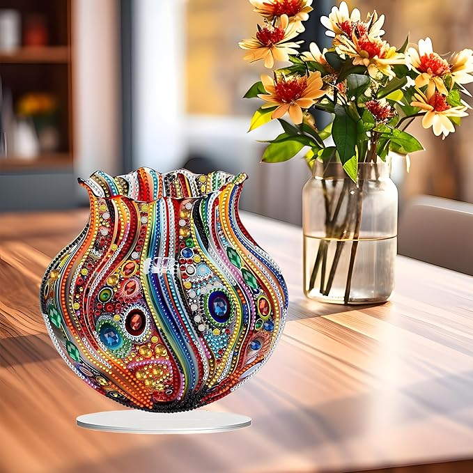 JJFox DIY Tabletop Diamond Art Painting Kit，Special Shaped Rhinestone Desk Placement Ornament，Home Stand Up Gem Painting Craft Kit，Gift,Double Sided. (Vase-1)