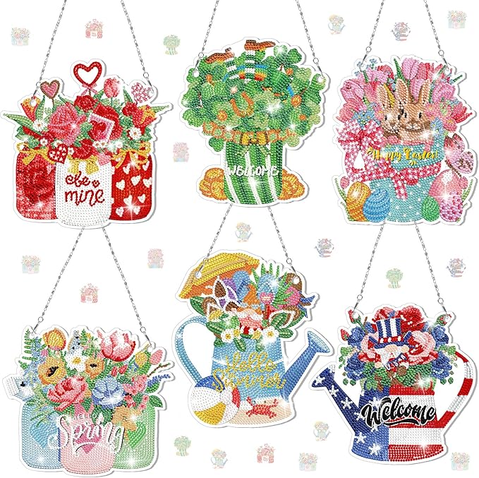 Chitidr 6 Pcs Seasonal Diamond Painting Kits 5d DIY Holiday Flowers Diamond Art Painting Hanging Signs for Spring Ventines Easter St. Patrick's Day Memorial Day Summer Wall Door Window Decor
