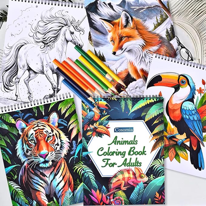 Cosomia Adult Coloring Books Set, 3 Fun Coloring Books for Adult Relaxation, 60 Pages of Flowers Nature Landscapes Animals, Brain Game for Adults