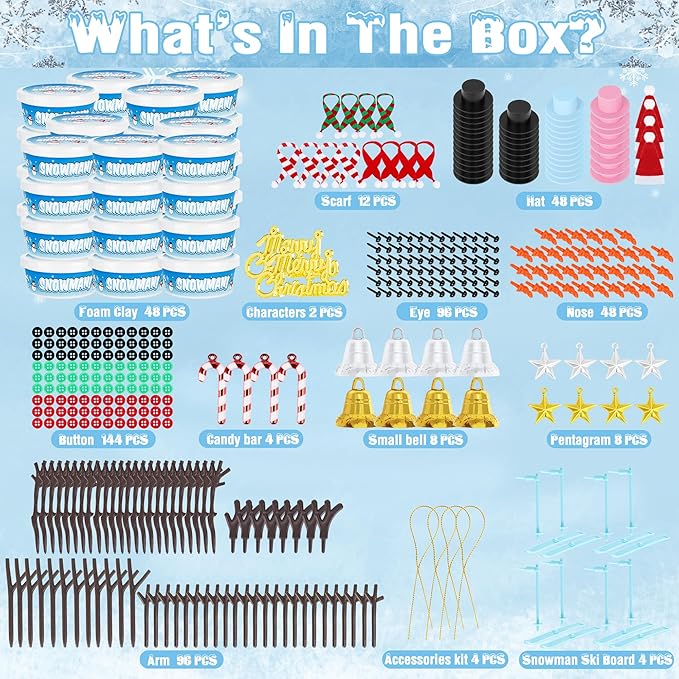 EOBOH 48 Pack Christmas Snowman Craft Kit, DIY Snowman Crafts for Kids, Build a Snowman Kit Indoor Decor, Creative Air Dry Modeling Clay, Xmas Making Kit Gift Toys for Holiday Party Supplies