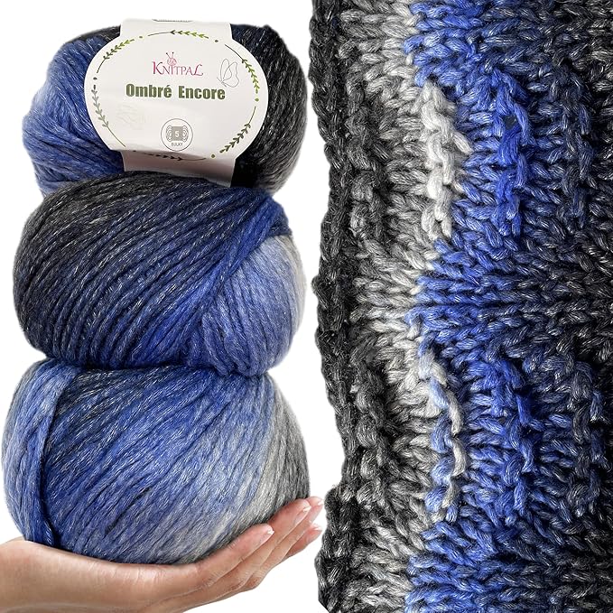 Ombré-Encore Chunky Ombre Yarn for Crocheting, 3 Balls, 507Yds/420G, Free Patterns - Multi Colored Bulky 5 Weight Yarn for Knitting - Hurricane Blue