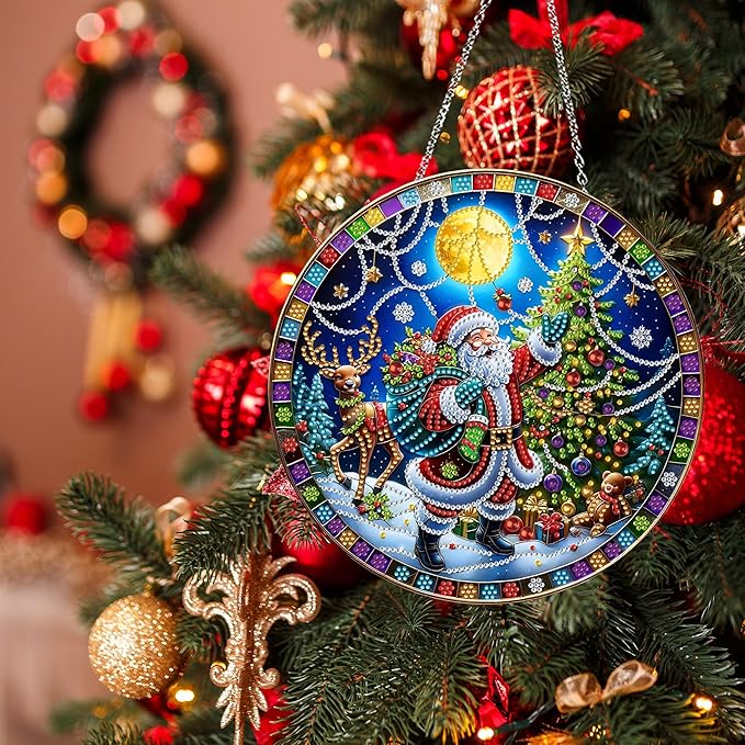 DIY Diamond Art Painting Wreath Kits，Special Shaped Rhinestone Hanging Ornament Diamond Art Window Pendants for Gift Home Garden Wall Hanging Kits,Double Sided (Santa Claus-1)