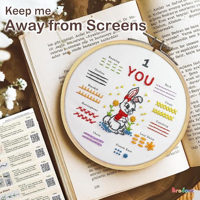 bradove embroidery kit for beginners, learn to embroider top 29 stitches and cute patterns with video tutorial and instruction booklet, beginner embroidery kit for adults kids, stitches kit