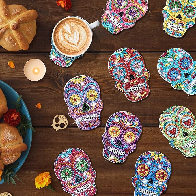 10 Pcs Halloween Skull Shaped Diamond Painting Coasters Kits DIY Skull Diamond Painting Coasters with Holder Skull Diamond Painting Coasters for Beginners Adults and Kids Art Craft Supplies Gift