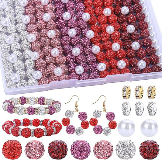 AIPRIDY Jewelry Making Beads Set, 300 PCS 10mm Rhinestone Clay Beads, 8mm Mixed Color Spacer Beads with Pearl and Floral Beads for DIY Jewelry Making (White + Red Series)