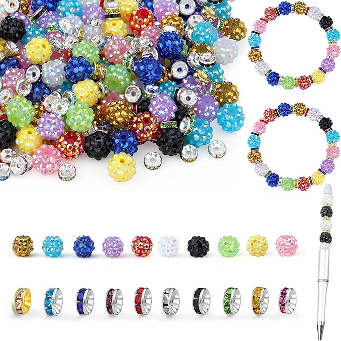 LAIDANLA Mixed 10 Colors 250pcs 12mm Rhinestone Beads and 8mm Rondelle Spacer Beads for Beaded Pens, Shiny Shamballa Disco Ball Bead for Pens DIY Jewelry Making Bracelet Necklace Earring