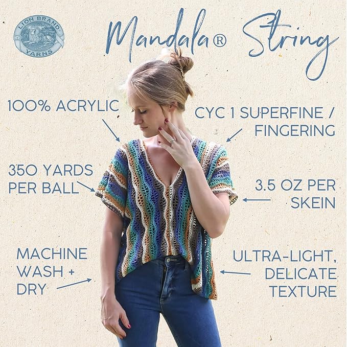 Lion Brand Yarn Mandala String, Fingering Yarn for Knitting and Crochet, Jazz, 3 Pack