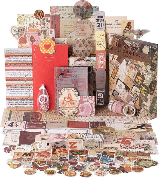 joychoic vintage scrapbook supplies aesthetic journaling kit, scrapbook papers quote stickers tn notebook large collection for bullet junk journal, planner diy arts craft collage