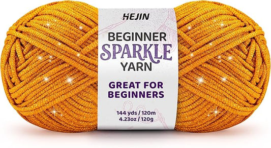 120g Orange Sparkle Yarn for Crocheting and Knitting; 120m(144yds) for Beginners with Easy-to-See Stitches; Worsted-Weight Medium #4; Yarn for Beginners Crochet Kit Making