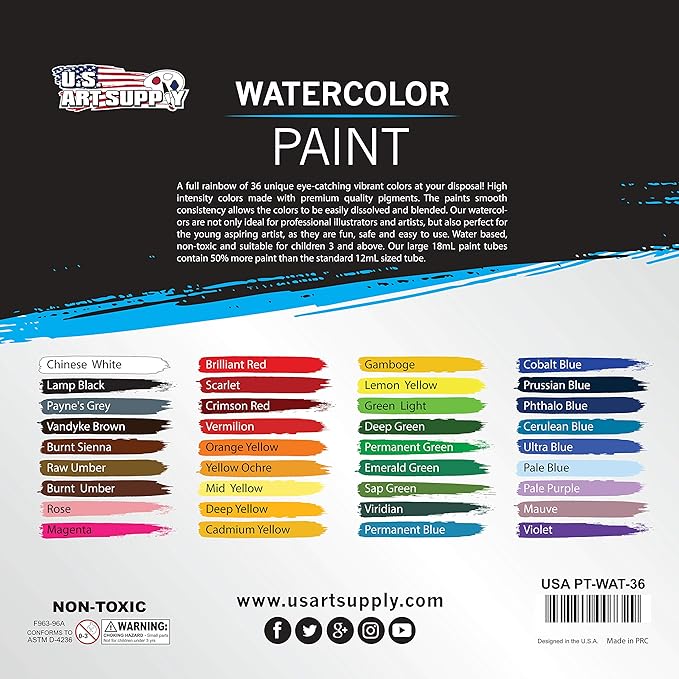 U.S. Art Supply 36-Color Water Colors Paint Set, 12ml Professional Watercolor Tubes, Vibrant Pigments - Water Colors Paint Adult Set for Artists