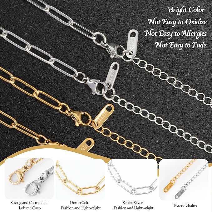 Wurosi 32 Pcs 18K Gold Plated Chain Necklace Bracelets Kit, Paperclip Chains, 18 Inch Bulk Charm Necklace Chain for Jewelry Making, Paperclip Bracelets for Women