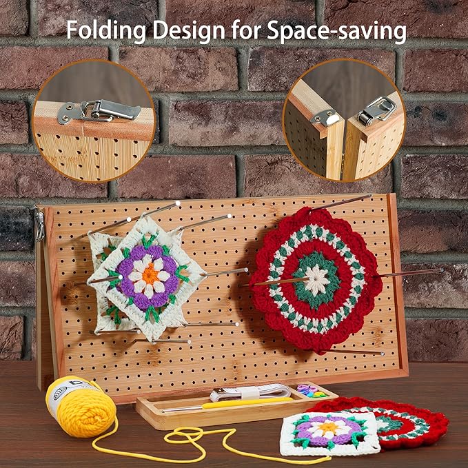 HHSarioneiro 15.6" Crochet Blocking Board with 16 Pins/Pegs, Blocking Boards for Crochet Projects, Wooden Crocheting Accessories Gifts for Crocheters
