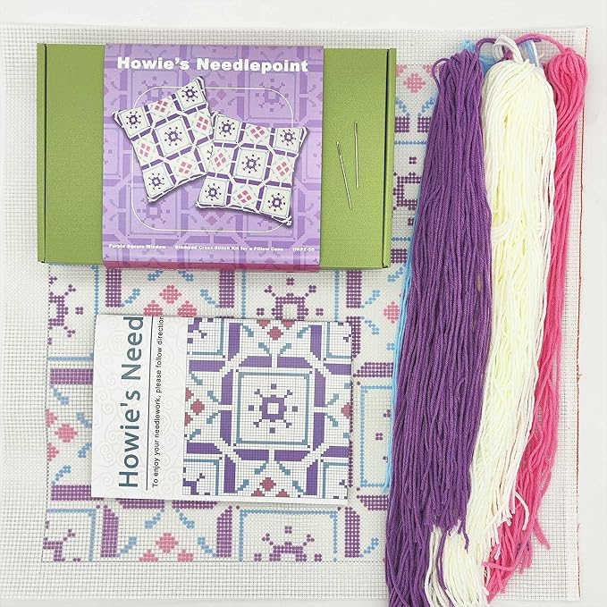 Howie's Needlepoint Needlepoint Kits for Adults, Pillow Front Cross Stitch Kit with Embroidery Pattern on Canvas, Yarn, 2 Needles and Instruction, 16 x 16inch(Purple Square Window)