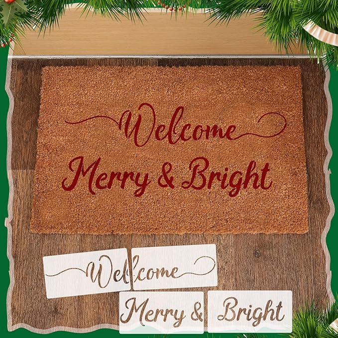 14 Pcs Christmas Stencils for Doormat Painting Welcome Merry Christmas Stencils Kit for DIY Craft Winter Xmas Decoration Reusable Polyester Film Template with Open Ring