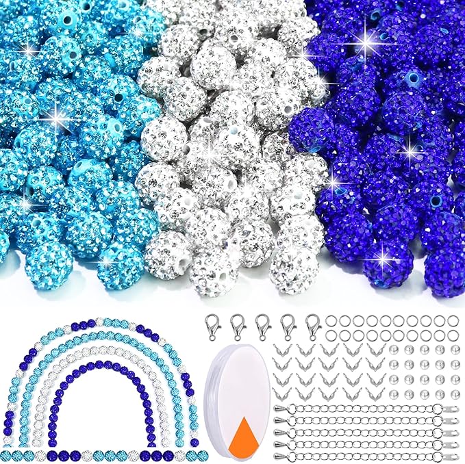 Dowarm 255PCS 10mm Rhinestone Beads for Baseball Rhinestone Necklace Bracelet Jewelry Making, Round Polymer Clay Beads for Crafts Beaded Pen, DIY Shamballa Pave Disco Bead, Turquoise|Blue|White
