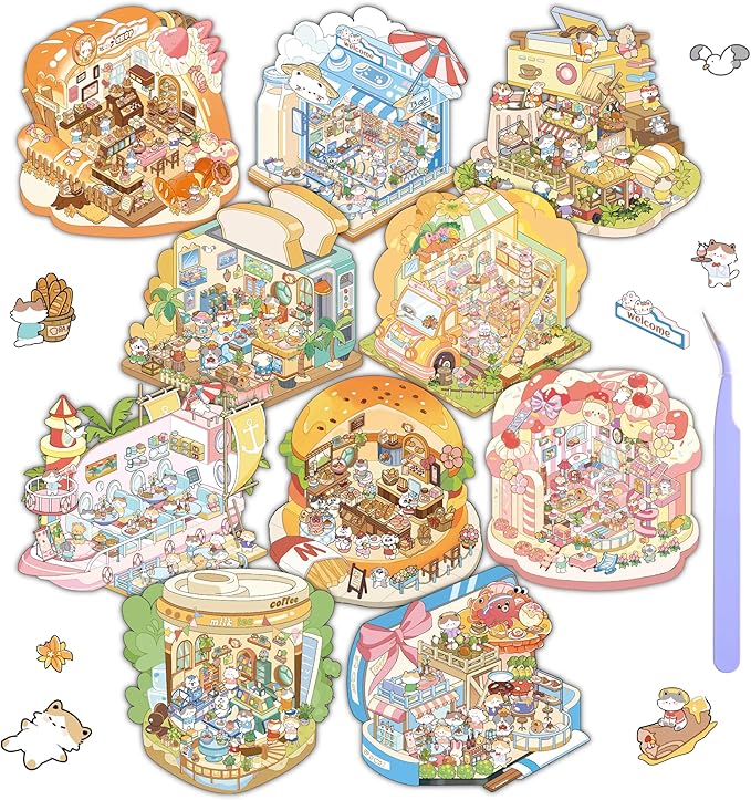 10 Sets DIY 3D House Stickers, Scene Miniature Sticker Book, Cute Cartoon Scenes for Women Girls Teen Kids, Make Your Own Sticker, Fun Room BookRelief Stress Pass The Time