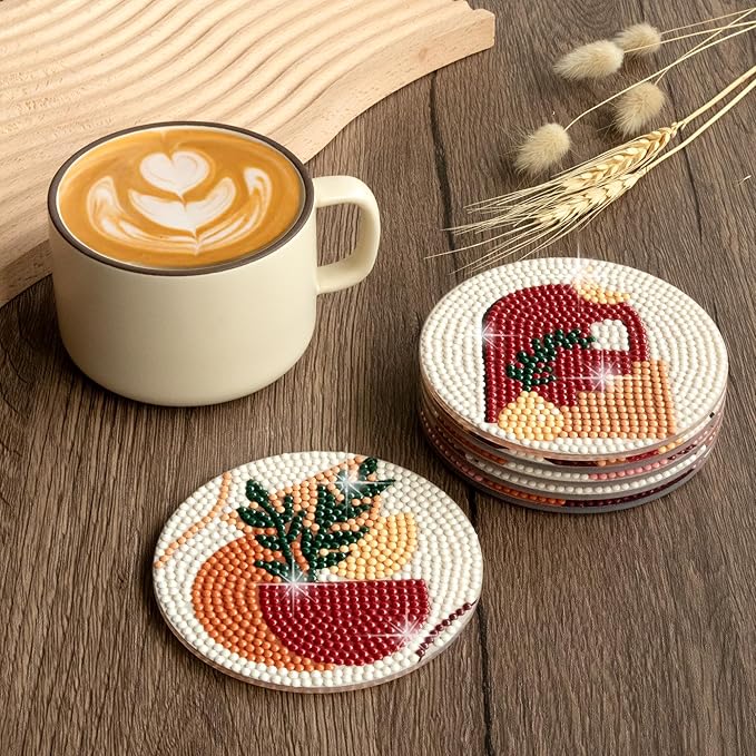 Temlum 6 Pcs Diamond Painting Coasters Kit, Abstract Plant Diamond Art Coasters for Beginners, Adults Small Diamond Painting Kit Art Craft Supplies