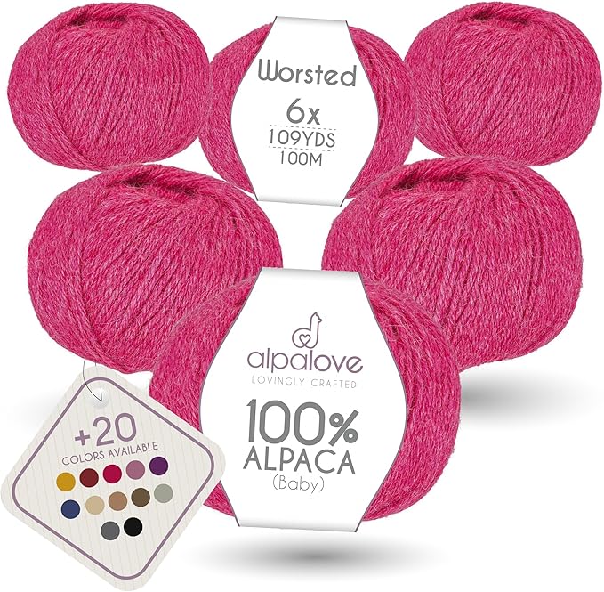 Worsted Set (6 x 1.75 oz) Super Soft Baby Alpaca Knitting Yarn Raspberry Cream 656 Yards