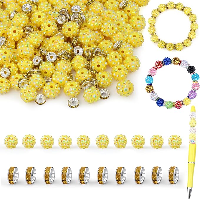 LAIDANLA 250pcs 12mm Yellow Rhinestone Beads and 8mm Rondelle Spacer Beads for Beaded Pens, Sparkly Shamballa Disco Baseball Bead for Bracelets Making Necklaces Earring DIY Craft