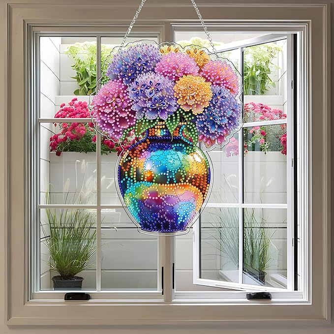 JJFox Diamond Art Hanging Kit for Adult,Special Shaped Rhinestone,DIY Acrylic Diamond Art Painting Window Pendants Home Garden Wall Hanging Kits Hanging Ornament,Double Sided (Vase)