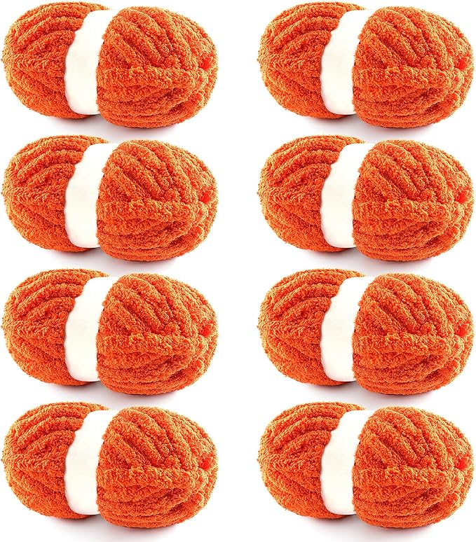 8 Pack Chunky Yarn for Hand Knitting - Chunky Chenille Blanket Yarn for Crocheting - Jumbo Fluffy Yarn for Crochet - Super Bulky Yarn 25 yds 7.7 oz Each Skein (Orange Red)