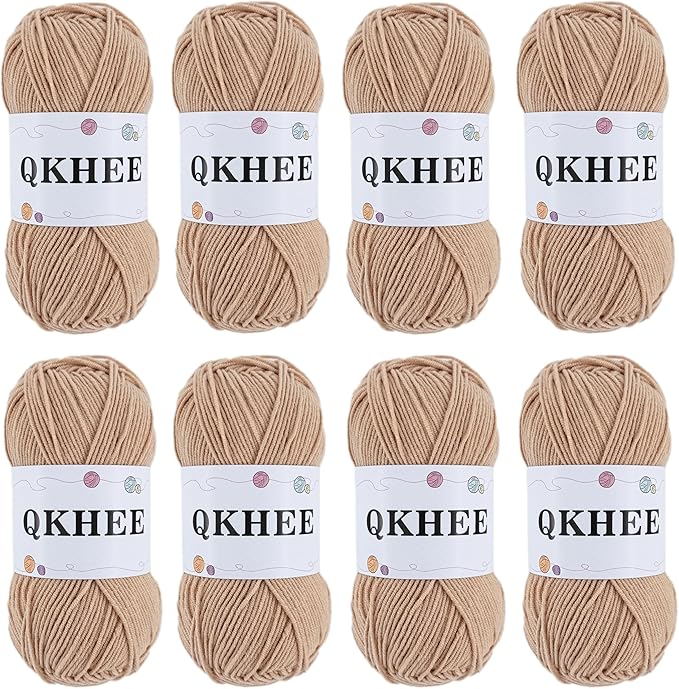 QKHEEYarn for Crocheting and Knitting 8 * 1.76 Oz (50G) /195yd,Fine/Fingering Weight (1), 60% Cotton 40% Acrylic Soft Yarn kit for Making Granny Squares and amigurumi (18 Khaki)