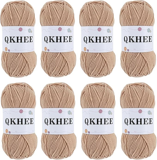 QKHEEYarn for Crocheting and Knitting 8 * 1.76 Oz (50G) /195yd,Fine/Fingering Weight (1), 60% Cotton 40% Acrylic Soft Yarn kit for Making Granny Squares and amigurumi (18 Khaki)