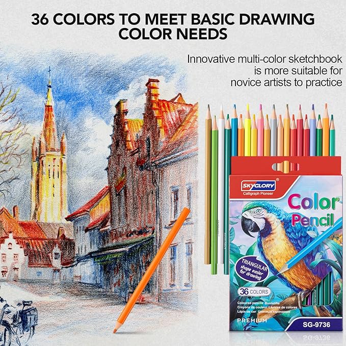 Prudiut Drawing Sketchbook Kit, Sketch Book with 36 Color Pencils, Three Color Black Sketch Pad, Acid-Free Drawing Pad for Artist, Art Paper Painting Supplies for Gifts (9×12 inch)