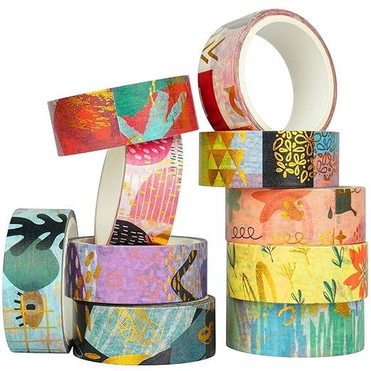 YUBBAEX 10 Rolls Geometric Washi Tape Set Gold Foil Masking Modern Arts Decorative Tapes for Arts, DIY Crafts, Journals, Planners, Scrapbook, Wrapping